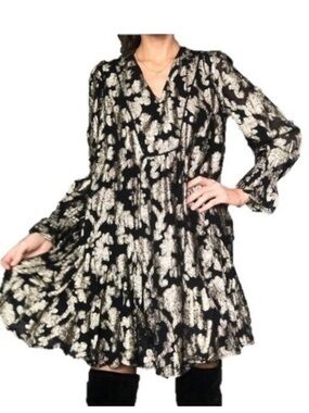 Anthropologie Metallic Gold Floral Ruffle Mini Dress Long Sleeve Size L